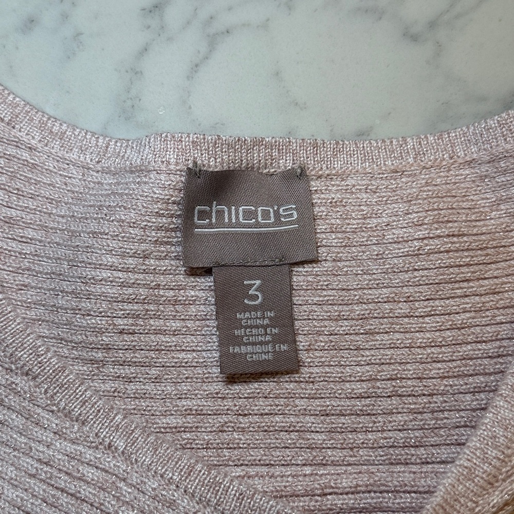 Chicos Pink Ribbed Gold Metallic Shimmer Pullover Sweater Size 3 (16/XL) - Picture 3 of 5